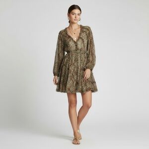 $89 O.P.T. Multicolor Floral Ruffle Chiffon Mini Dress V-Neck Balloon Sleeve M